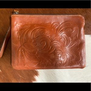 Patricia Nash Brown Leather Clutch/Wristlet With Tooling
